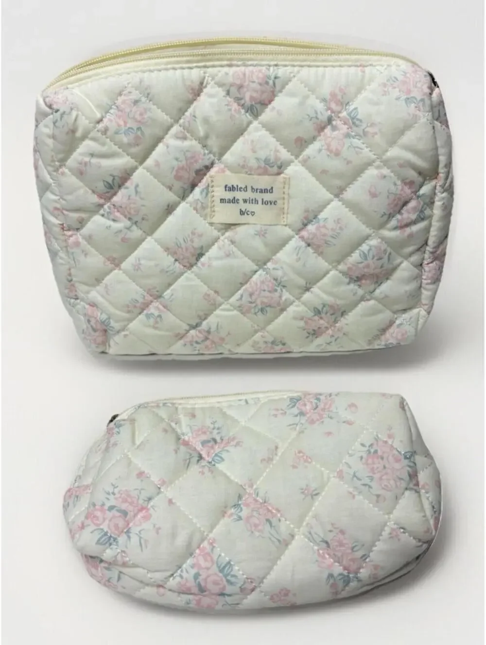 Cute Quilted Floral Makeup Bag 2pc Set – Travel Cosmetic & Toiletry Pouches